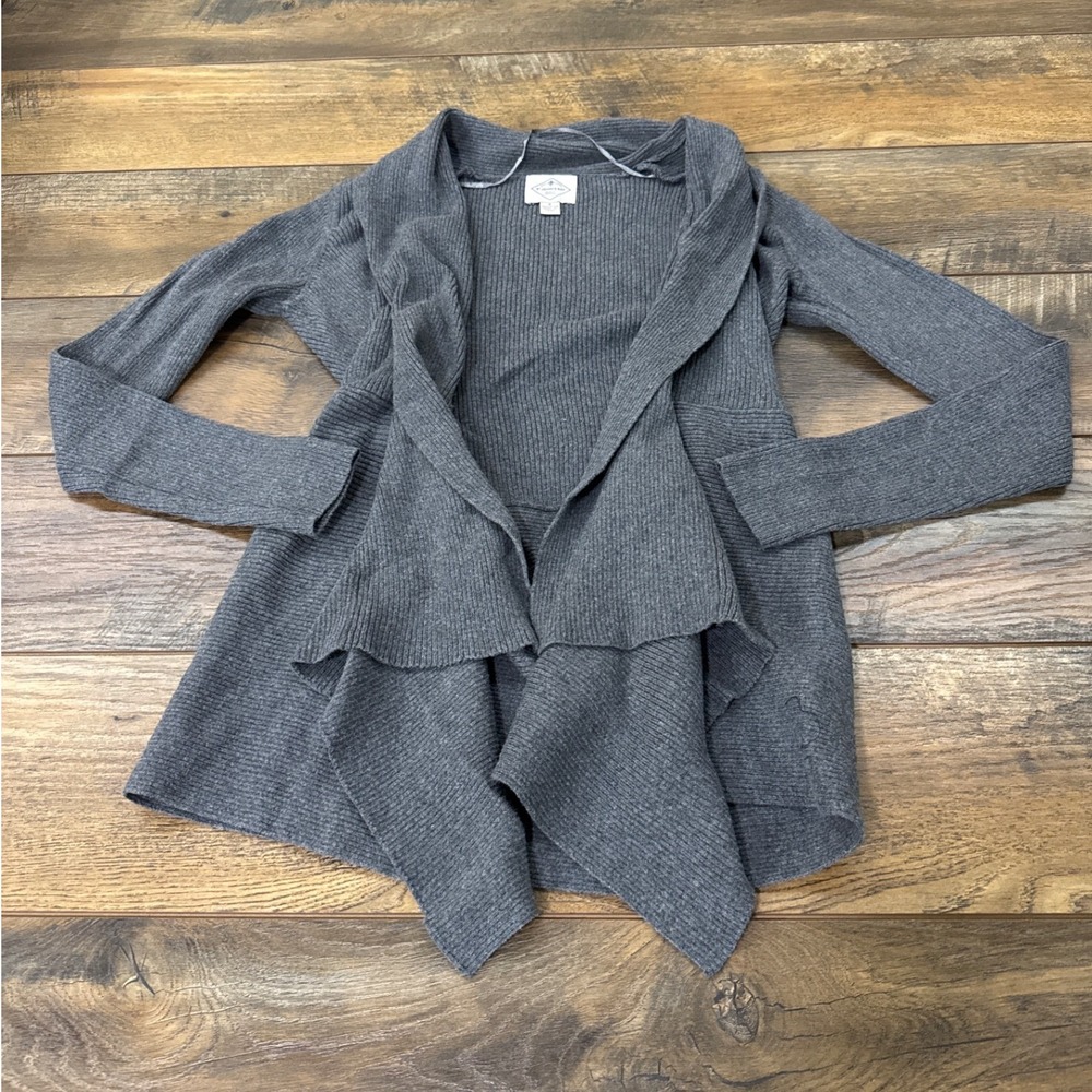St Johns Bay Womens S Gray Ribbed Draped Waterfall Open Front Cardigan Cotton